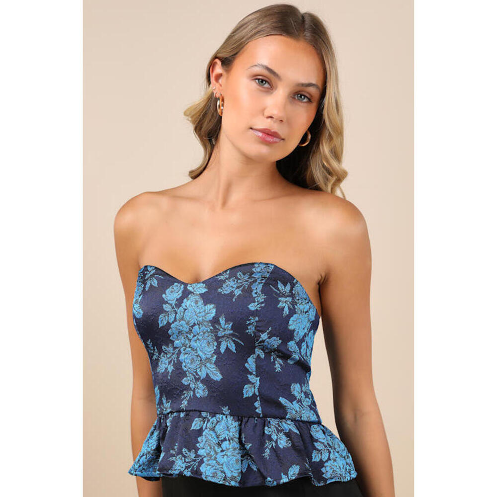 Lulus Cutest Persuasion Navy Blue Floral Jacquard Strapless Peplum Top - Size M